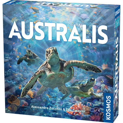 Board game box for 'Australis' with turtles and ocean design
