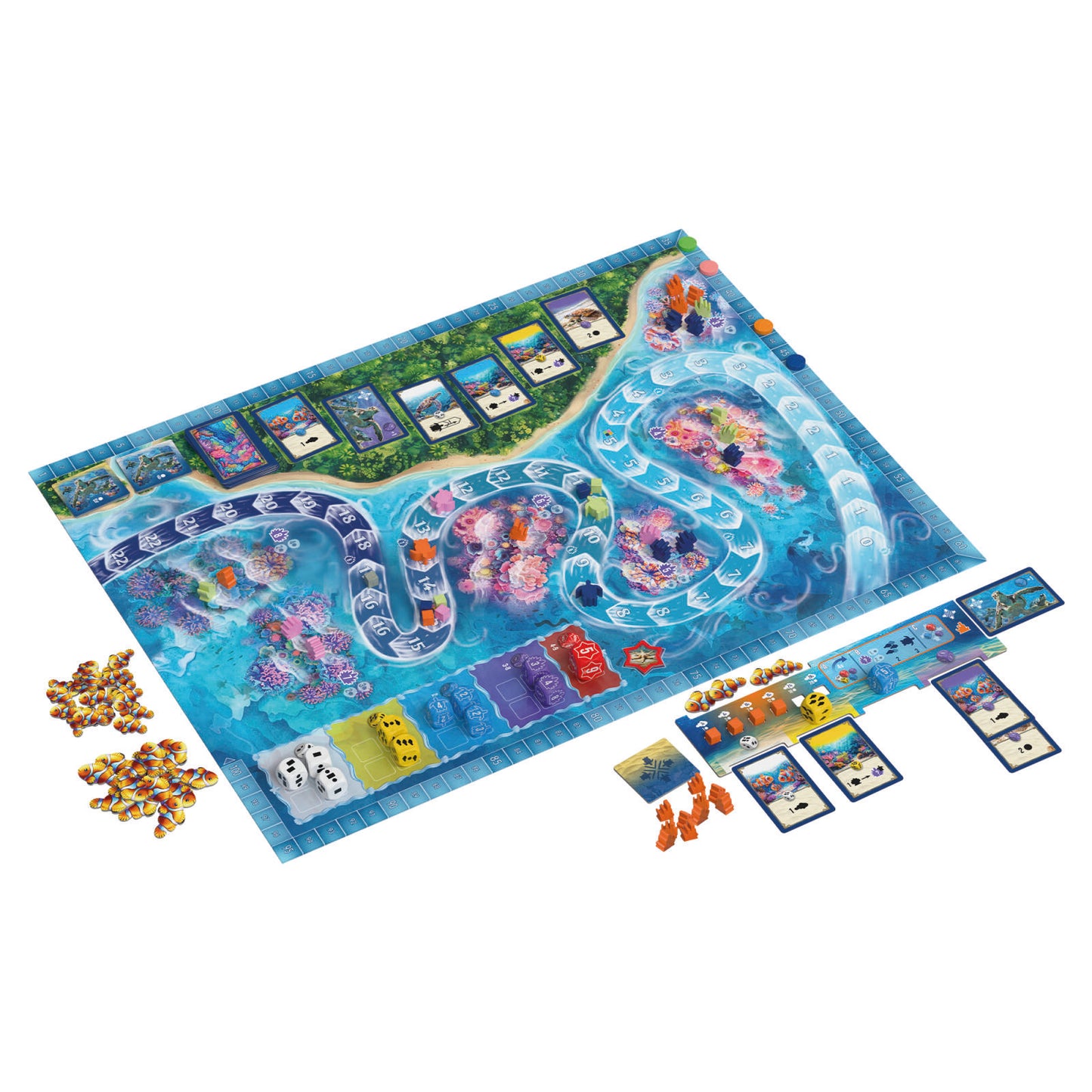 Board game with colorful tiles and pieces on a white background