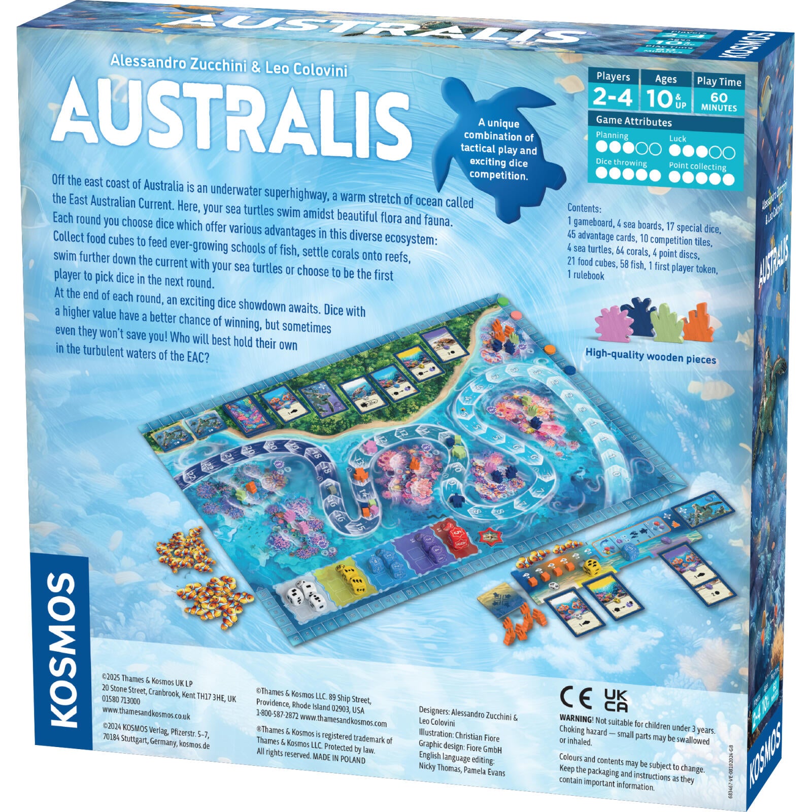 Board game box for 'Australis' by Kosmos with game board and pieces on a blue background