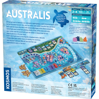 Board game box for 'Australis' by Kosmos with game board and pieces on a blue background