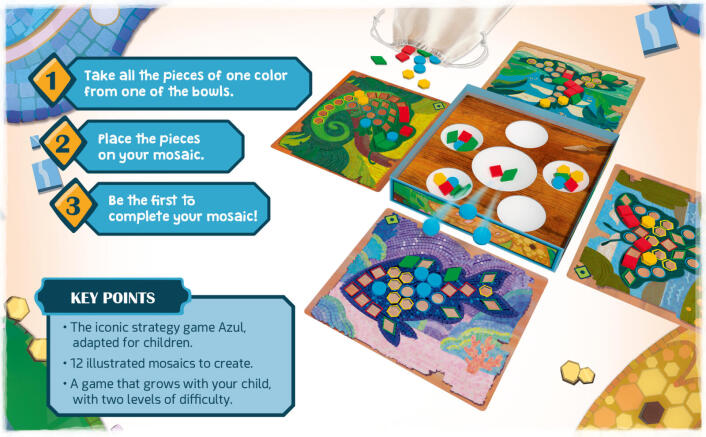 Colorful mosaic game with pieces and bowls on a light background