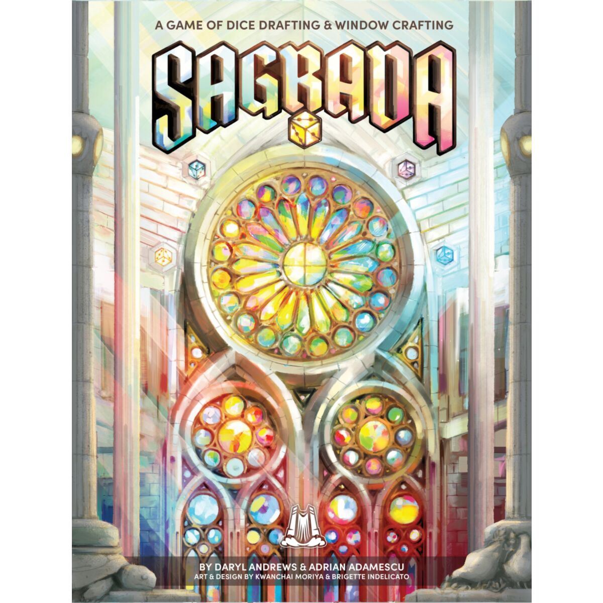 Board game box for 'Sagrada' with colorful stained glass design and text about dice drafting and window crafting.