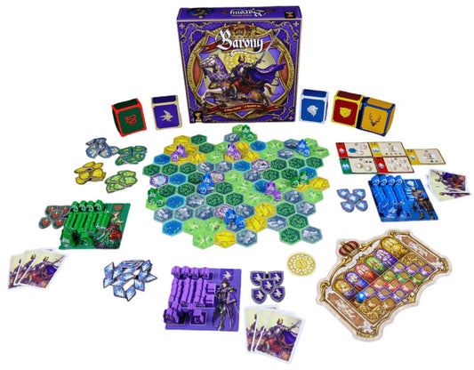 Board game components including pieces, cards, and box on a white background