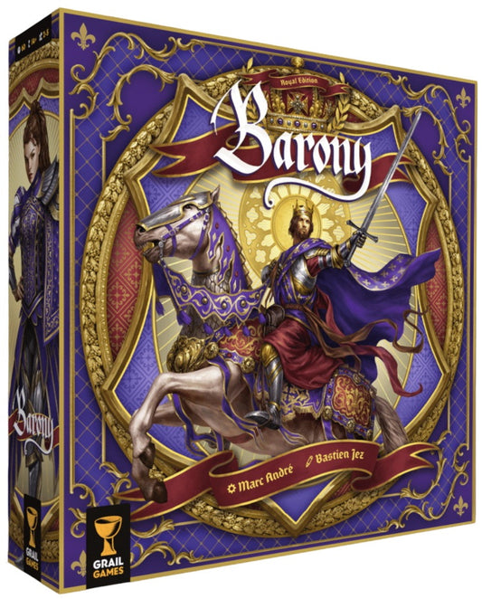 Board game box for 'Barony' with a knight and horse design on a blue background