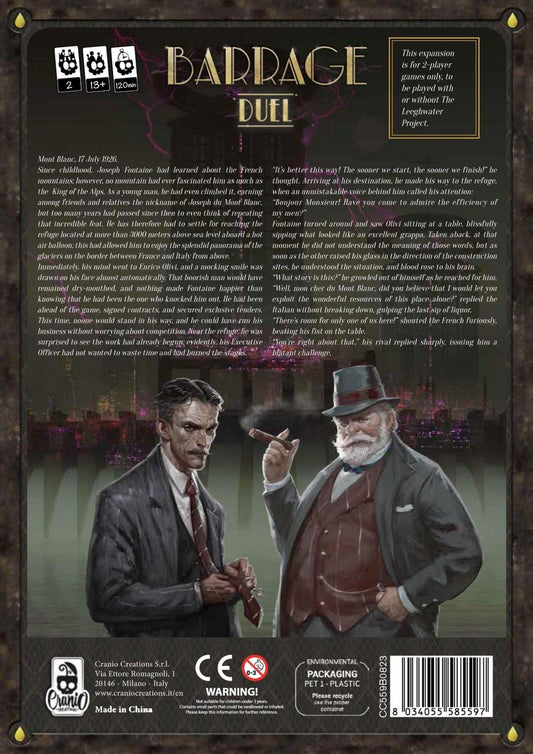 Back cover of a board game expansion pack titled 'Barrage Duel' featuring two men in formal attire.