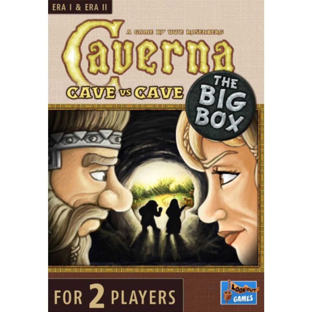 Board game box for 'Caverna: Cave vs Cave' with two characters looking into a洞