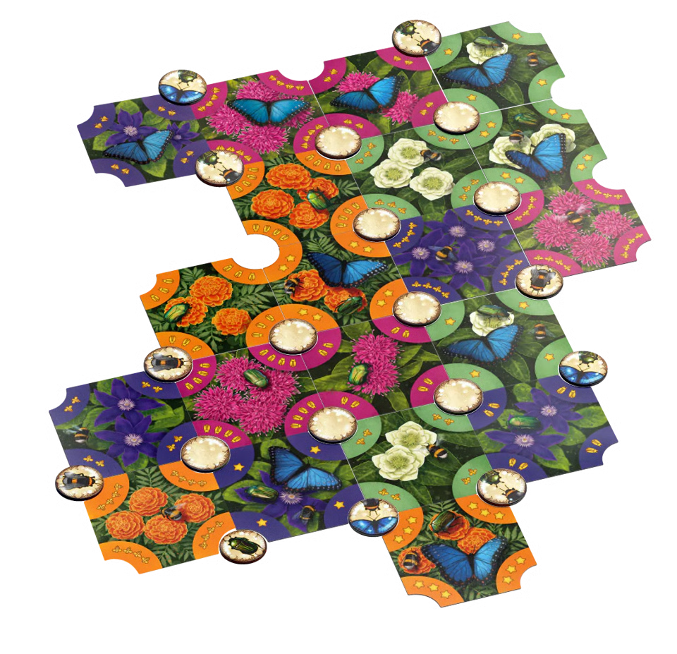 Pollen board game featuring a vibrant tropical floral and butterfly pattern, shown on a plain white background with several small game pawns placed on top.