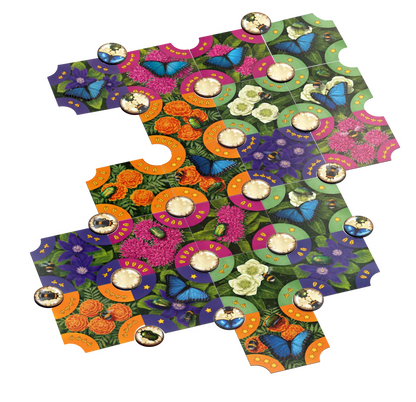 Pollen board game featuring a vibrant tropical floral and butterfly pattern, shown on a plain white background with several small game pawns placed on top.