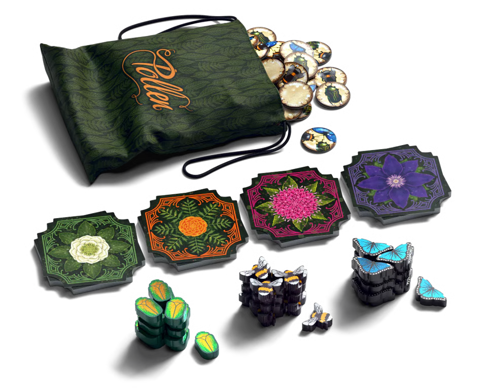 A board game set displayed on a white background, including a dark green drawstring pouch with gold script, several decorative game tiles with floral and geometric designs, butterfly pieces, coin-like tokens, and small accessory pieces.