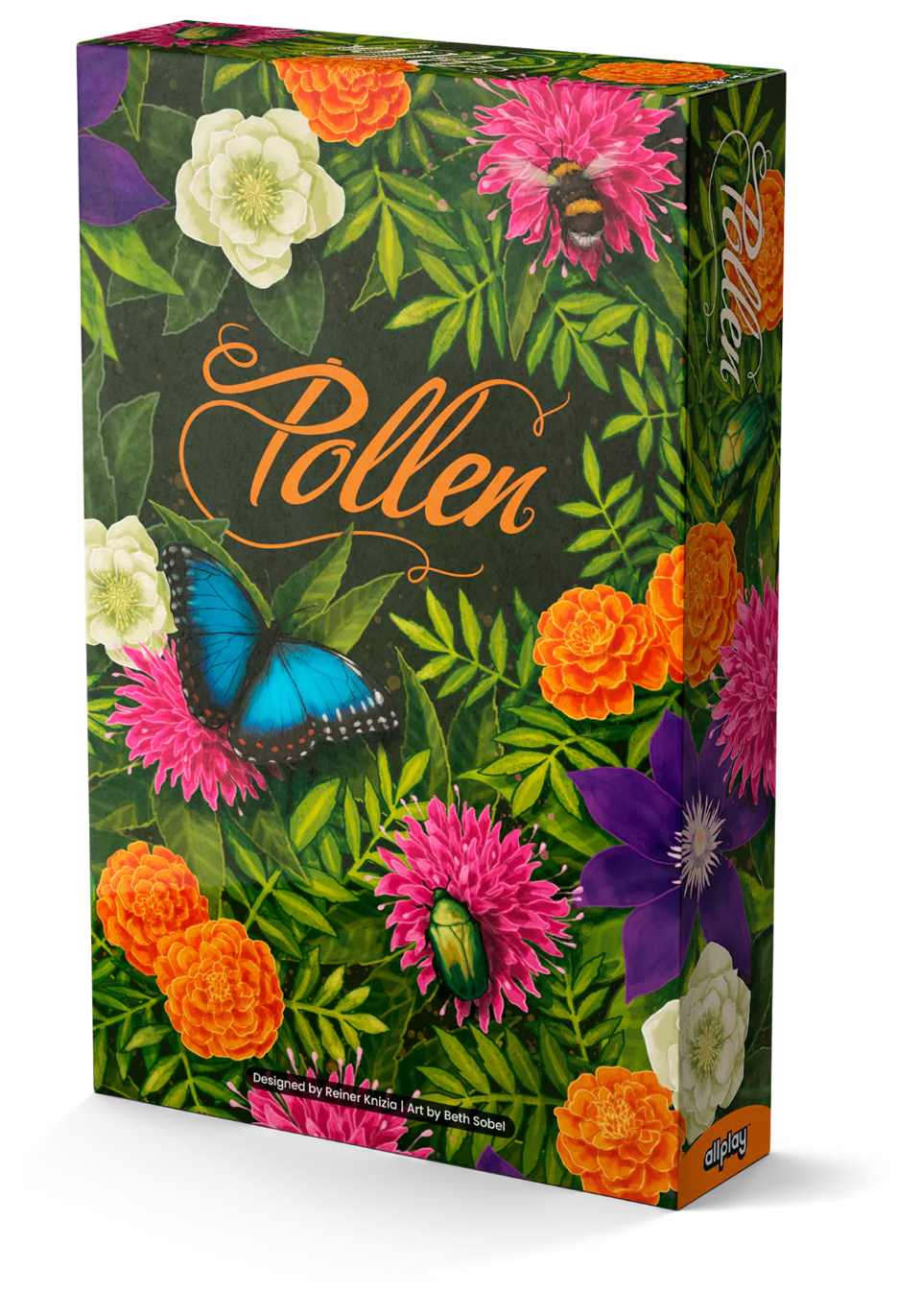 The board game box for 'Pollen' by Opal Games, featuring a vibrant botanical illustration with green foliage, pink and orange flowers, a blue butterfly, and a bee on a dark green background.