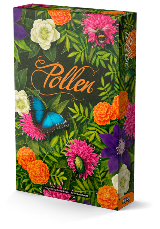The board game box for 'Pollen' by Opal Games, featuring a vibrant botanical illustration with green foliage, pink and orange flowers, a blue butterfly, and a bee on a dark green background.