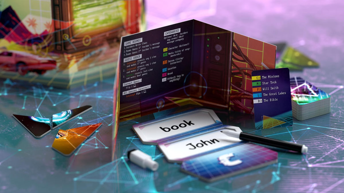 Triangulation board game with colorful 3D model of a book with digital interface elements on a futuristic interface background.