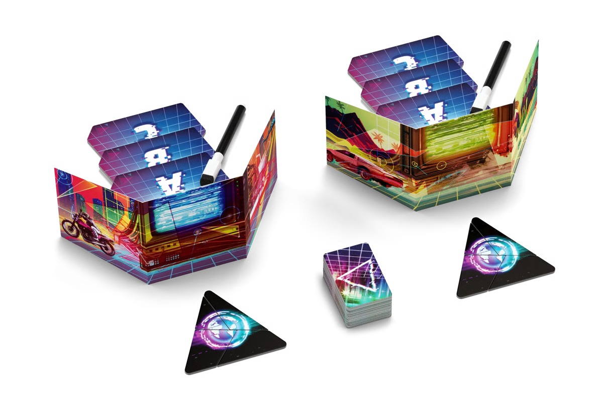 Triangulation board game with a set of colorful retro-futuristic board game components on a plain white background, including two open play cards with black-and-white tokens, a small deck of cards, and two triangular tokens with glowing circular symbols.