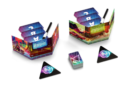 Triangulation board game with a set of colorful retro-futuristic board game components on a plain white background, including two open play cards with black-and-white tokens, a small deck of cards, and two triangular tokens with glowing circular symbols.