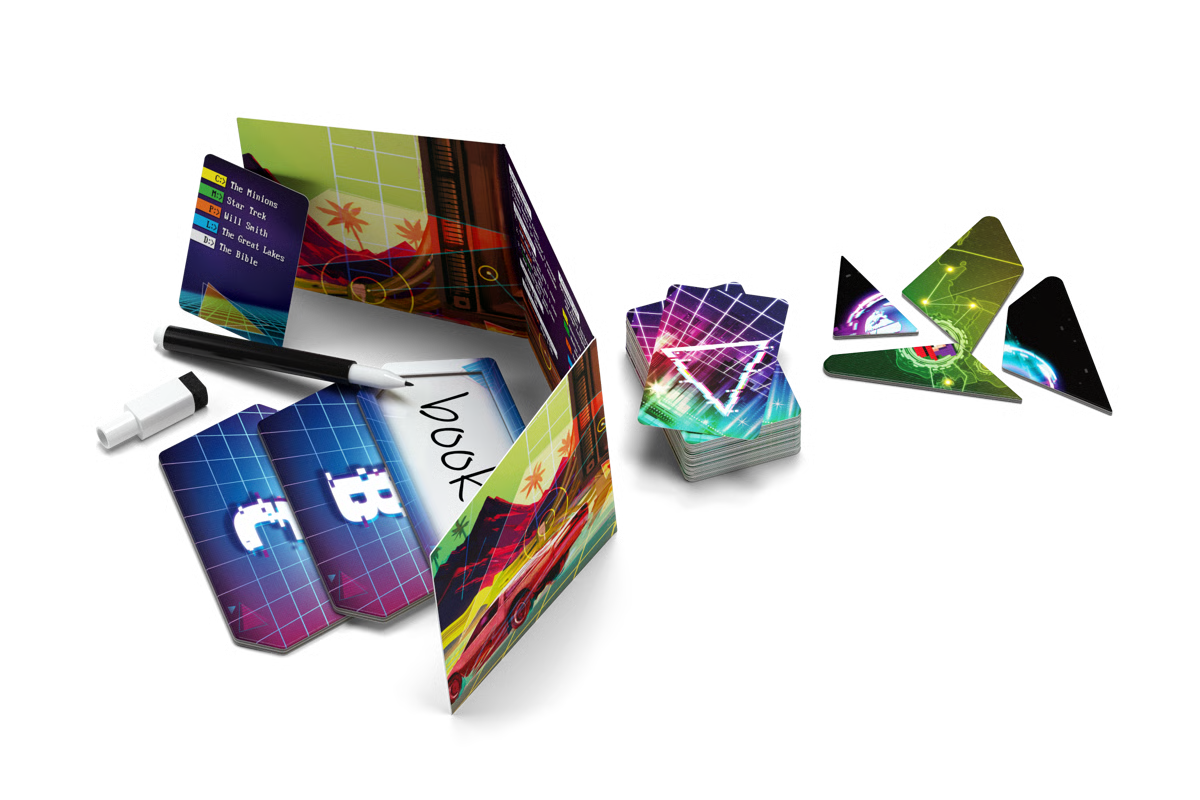 Triangulation card game set displayed on a white background, including an open play card, several face-up cards, a stack of cards, a marker, and several loose triangular cards showing vibrant neon space-themed graphics.