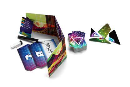Triangulation card game set displayed on a white background, including an open play card, several face-up cards, a stack of cards, a marker, and several loose triangular cards showing vibrant neon space-themed graphics.