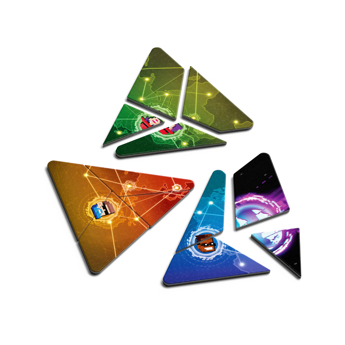 A set of triangular game tiles with colorful space-themed graphics, arranged on a plain white background.