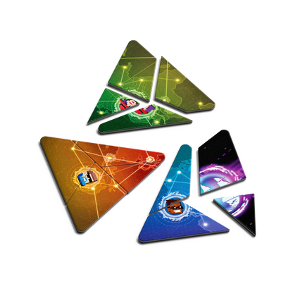 A set of triangular game tiles with colorful space-themed graphics, arranged on a plain white background.