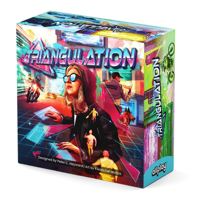The board game box for 'Triangulation' by Allplay, featuring a vibrant, colorful cyberpunk illustration with a woman in a red hoodie and futuristic city elements.