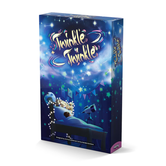 Twinkle Twinkle Starry Night board game box, featuring a dark blue night sky with stars, constellations, and a child in bed under a telescope.
