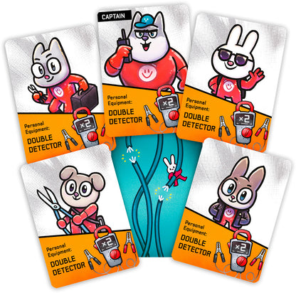 Bomb Busters Set of cartoon character cards with 'Double Detector' equipment on a white background