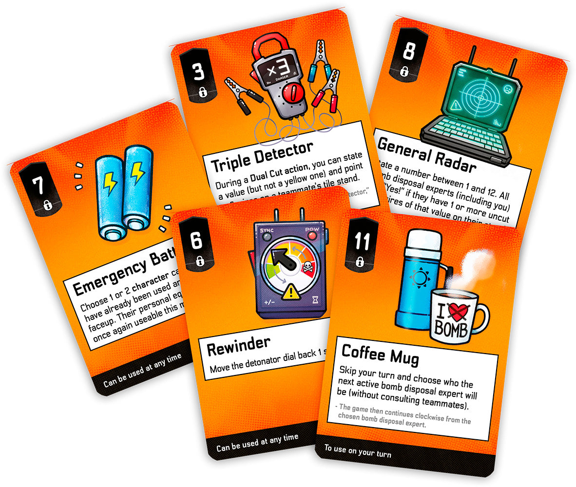 Bomb Busters Four game cards with various icons and text on an orange background