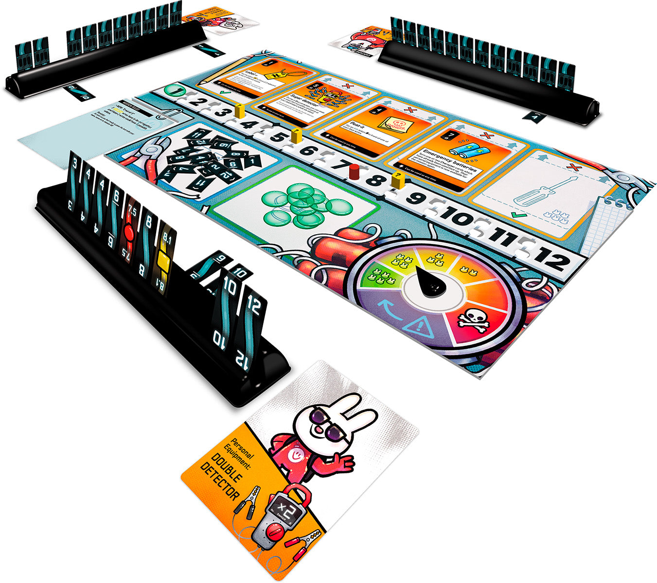 Bomb Busters Board game with colorful components and cards on a white background