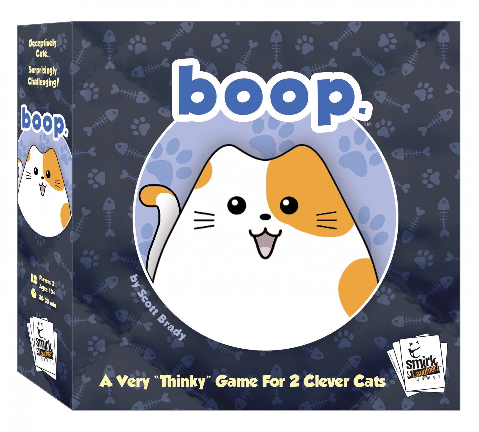 Board game box for 'boop' with a cat illustration on a dark background