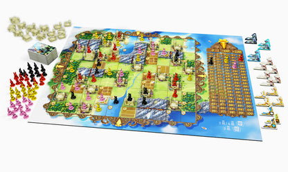 Board game set with colorful pieces and detailed board layout on a white background