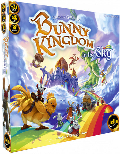 Board game box for 'Bunny Kingdom in the Sky' by Richard Garfield with colorful artwork and iello logo.