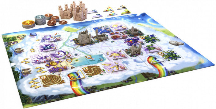 Bunny Kingdom Board game with colorful tiles and pieces on a fantasy-themed board