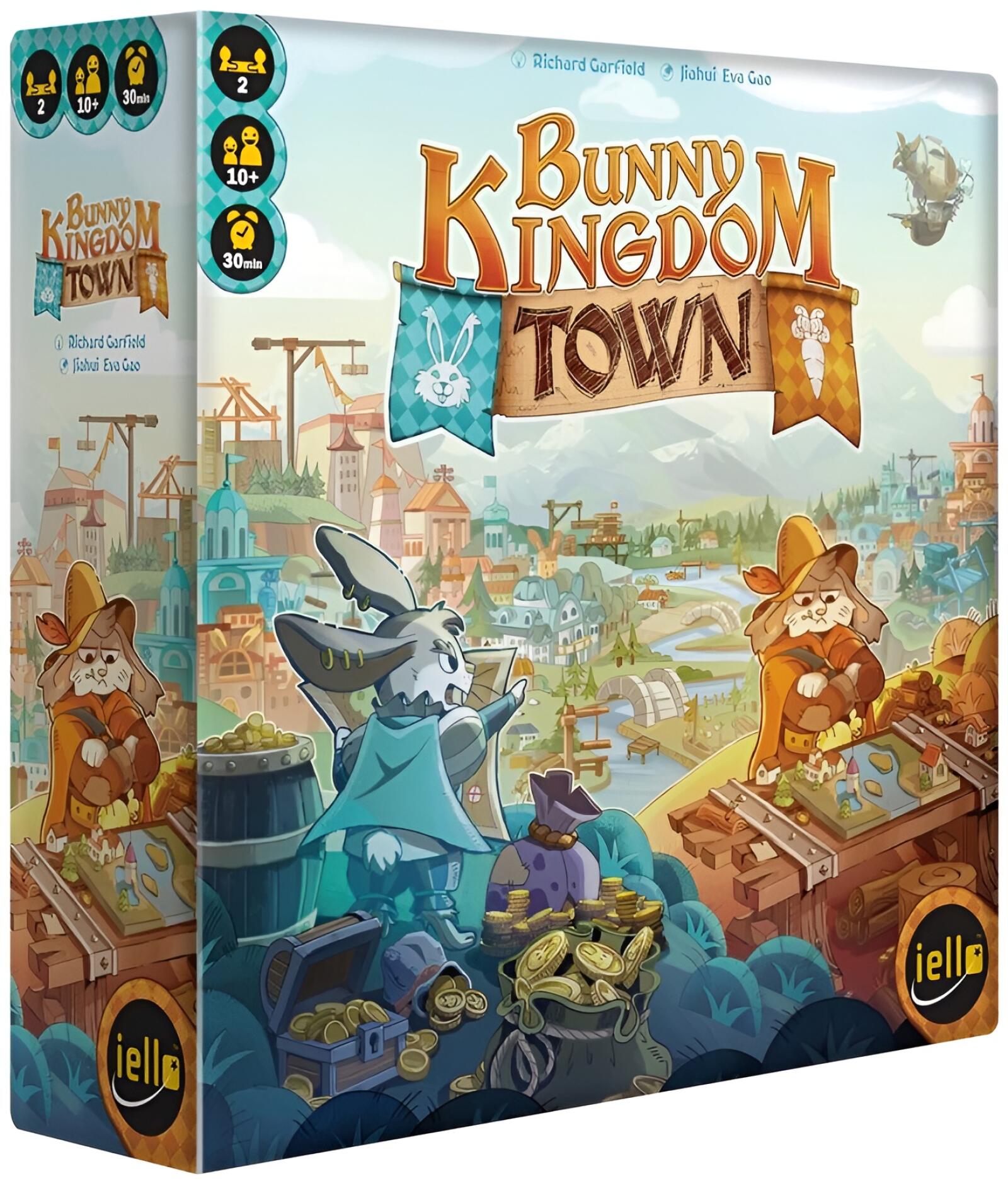 Board game box for 'Bunny Kingdom Town' with cartoon bunnies and cityscape illustration.