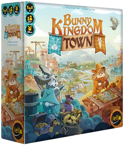 Board game box for 'Bunny Kingdom Town' with cartoon bunnies and cityscape illustration.
