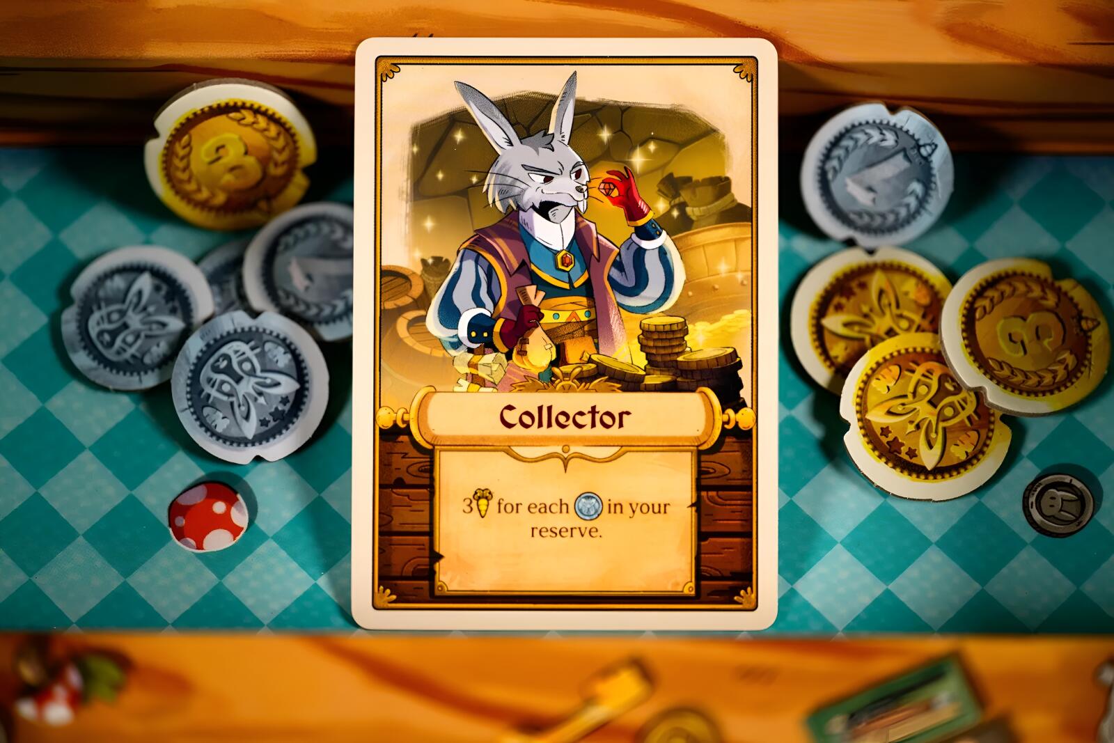 A fantasy-themed card game board or game card featuring a white rabbit character with a mask, surrounded by round player tokens and dice on a teal checkered surface.