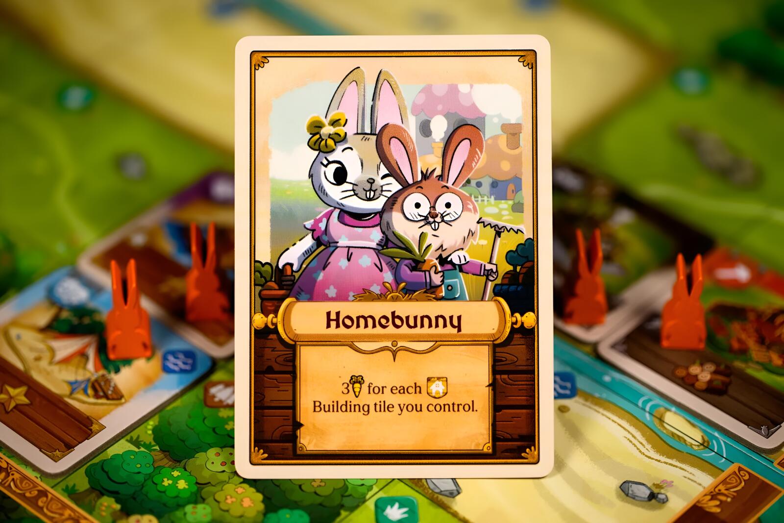 Game card featuring cartoon bunnies and text 'Homobunny' on a game board background