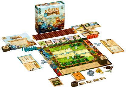 Board game set with pieces and components on a white background