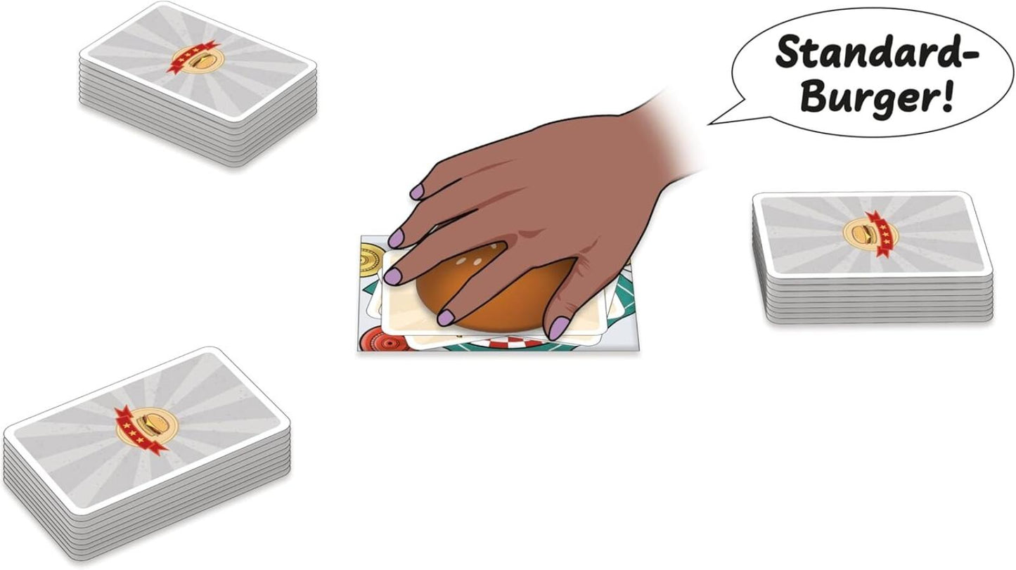 Burger slam game, Hand making a burger with cards labeled 'Standard-Burger!' on a white background
