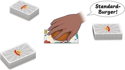 Burger slam game, Hand making a burger with cards labeled 'Standard-Burger!' on a white background