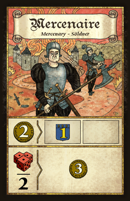 Troyes Card featuring a mercenary character with game mechanics on a decorative background