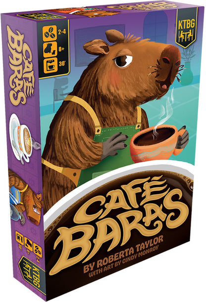 Board game box for 'Cafe Baras' featuring a bear character with a coffee cup.