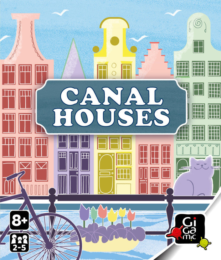 Board game box for 'Canal Houses' with colorful houses and a boat on a blue background.