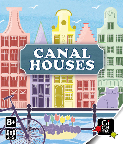 Board game box for 'Canal Houses' with colorful houses and a boat on a blue background.