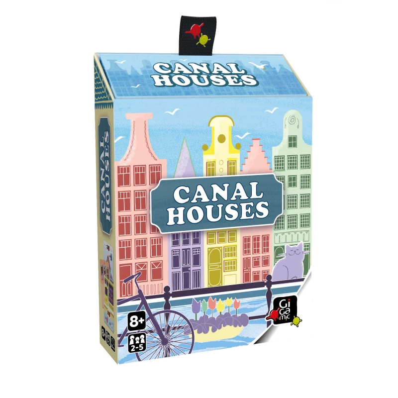 Board game box titled 'Canal Houses' with colorful illustrations of houses and a bicycle on a white background.