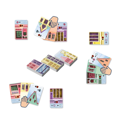 Colorful card game pieces with house designs on a white background