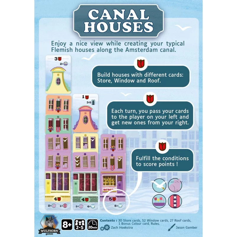 Card game packaging for 'Canal Houses' with colorful houses and game instructions.