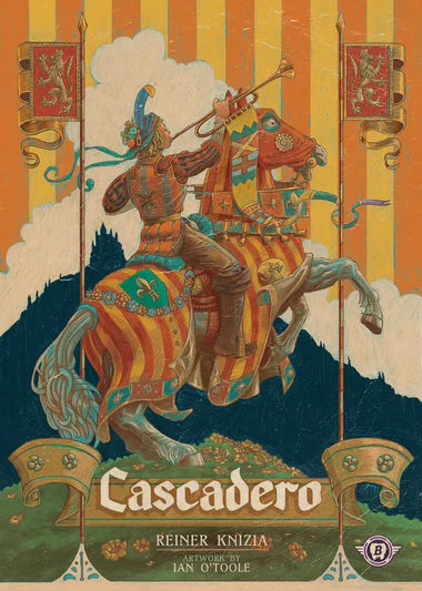 Book cover of 'Cascadero' with a knight on horseback illustration against an orange and blue background.