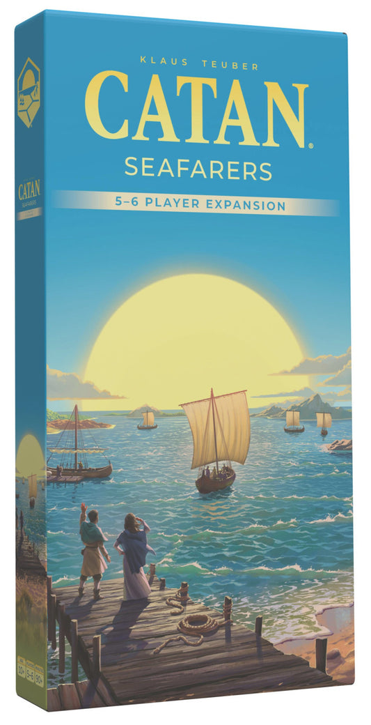 Board game expansion box for 'Catan: Seafarers' with a dock scene and sunset on the cover.