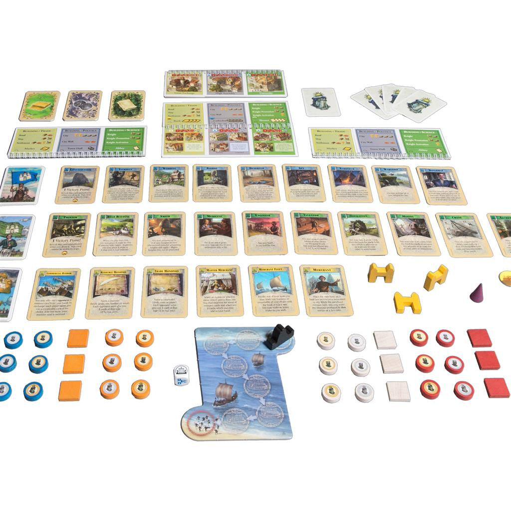 Catan cities and knights expansion cards and components