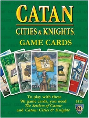 Catan Cities & Knights game cards packaging with images of cards on a green background