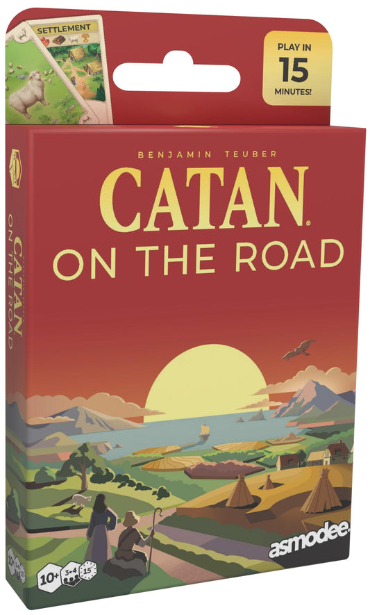 Catan on the Road board game box with sunset landscape illustration